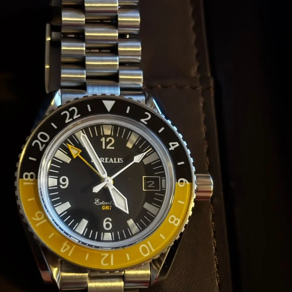 Borealis Estoril 300 GMT Black Dial Arabic Numbers Date Yellow Bezel Version A